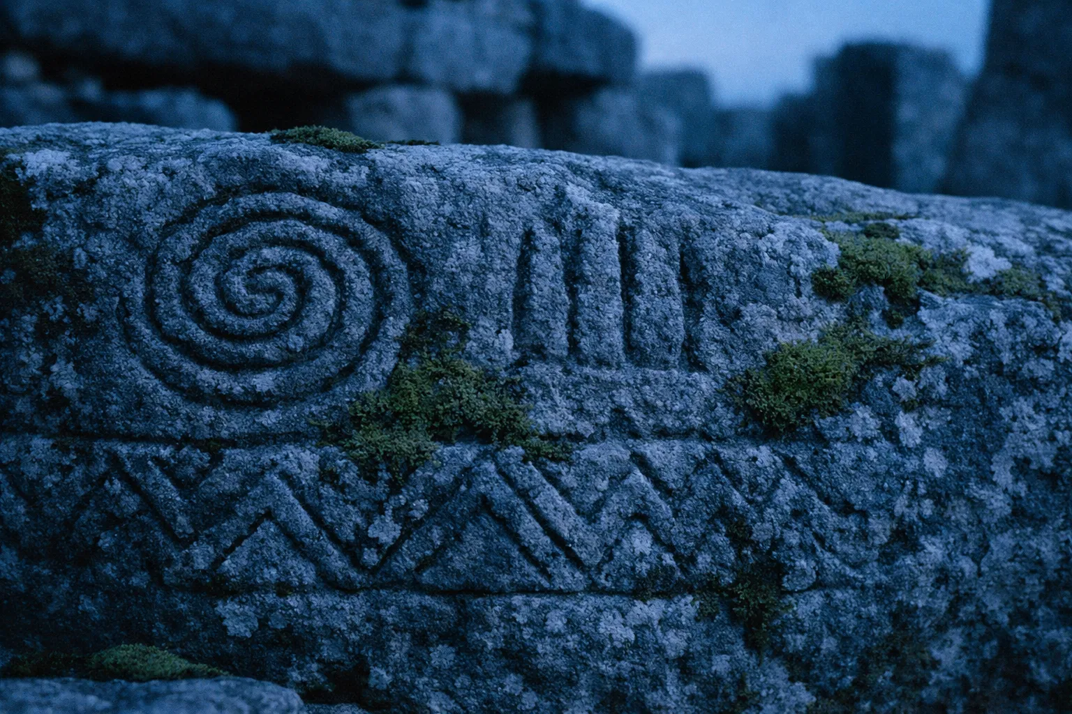 Ancient spiral and geometric carvings on a mossy stone at an Irish archaeological site.