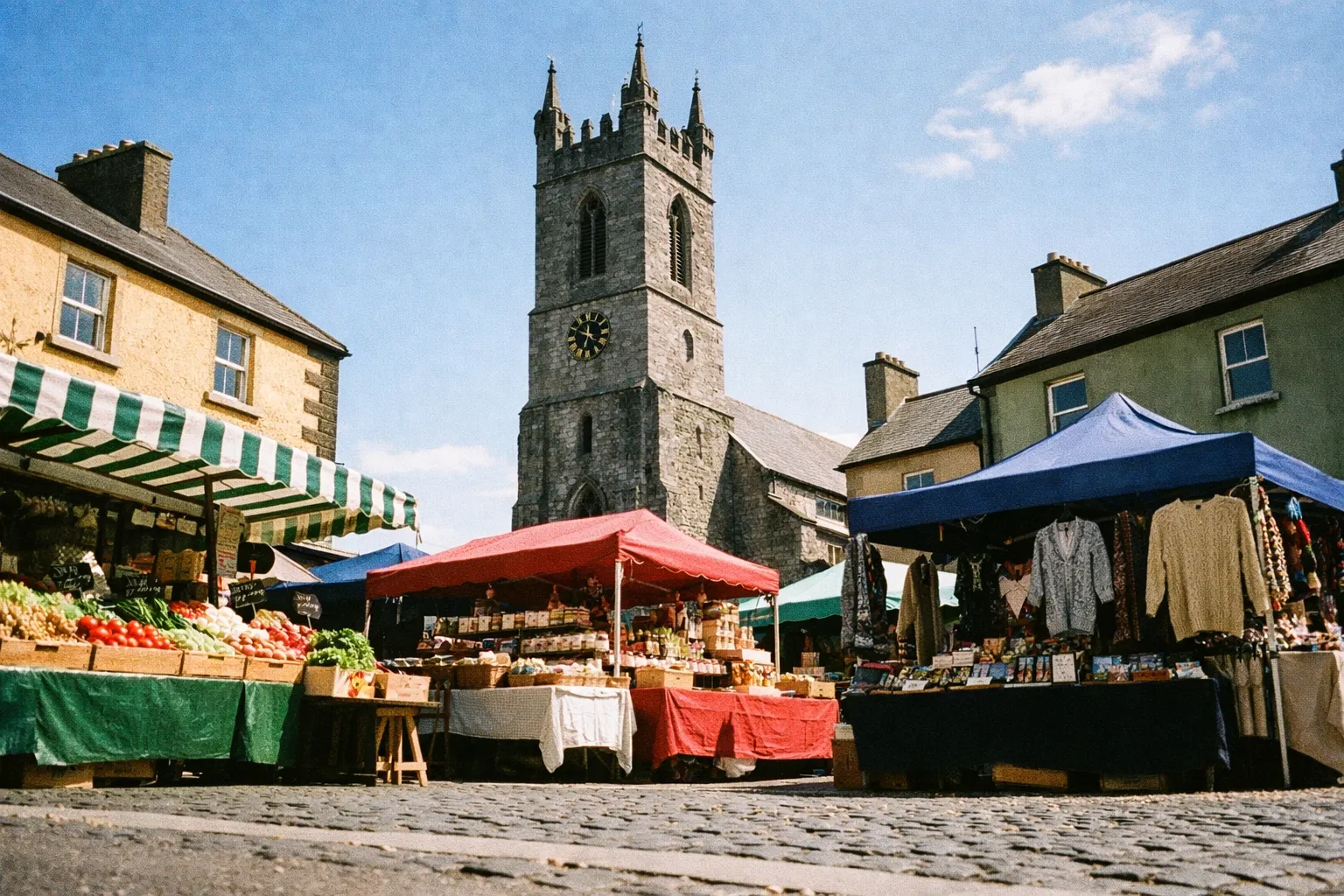 Outdoor market stalls with fresh produce and crafts set in front of a stone church in an Irish village square.