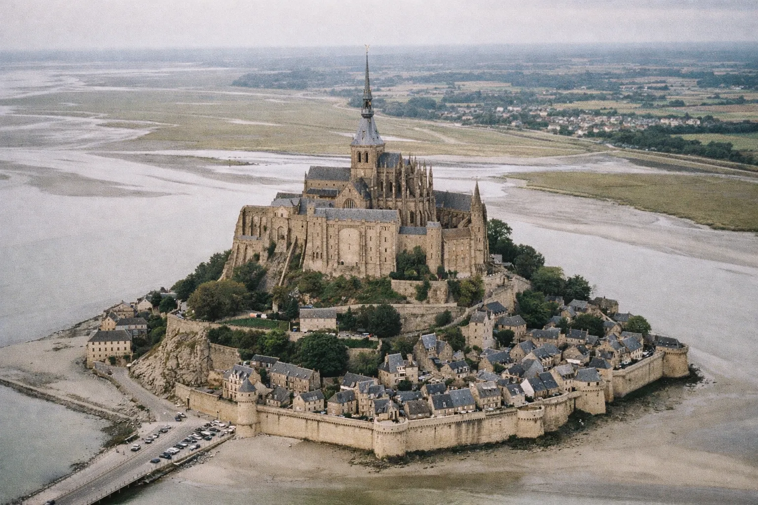 A fortified abbey with village buildings sits on a rocky tidal island surrounded by flat coastal land.