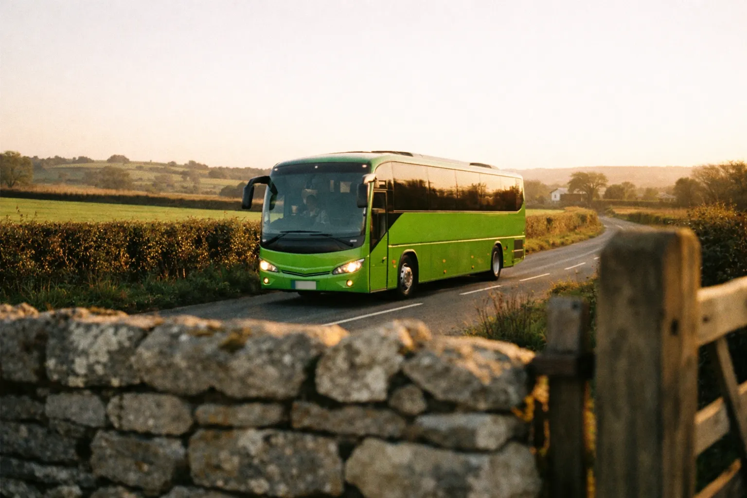 A green coach bus drives along a rural road past stone walls and rolling countryside fields.