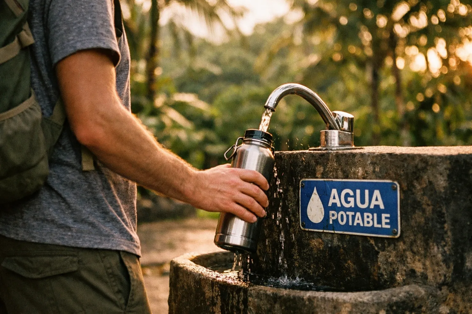 Traveler filling a reusable bottle at a clean water tap in a Costa Rican park during golden hour, no faces visible