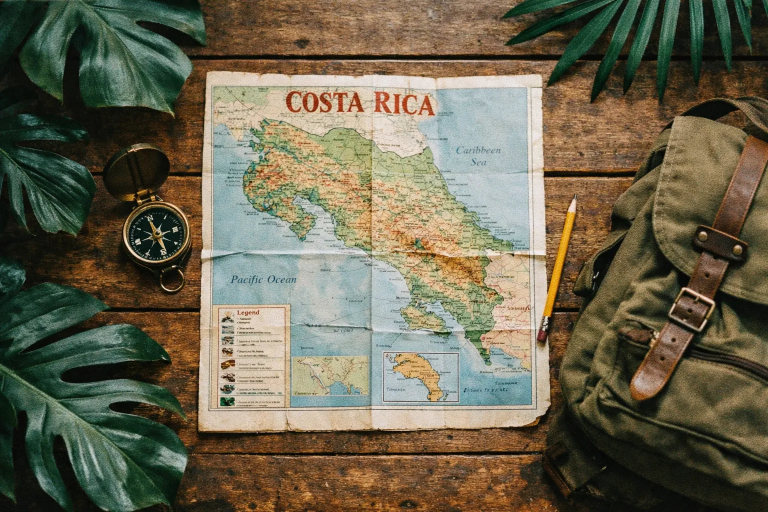 Top-down view of a Costa Rica map with a compass and notebook on a wooden table