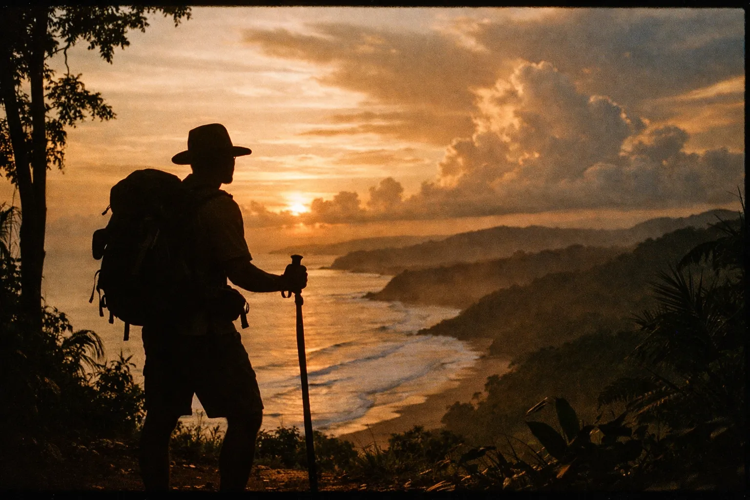 Silhouette of a hiker on a Costa Rica trail at golden hour