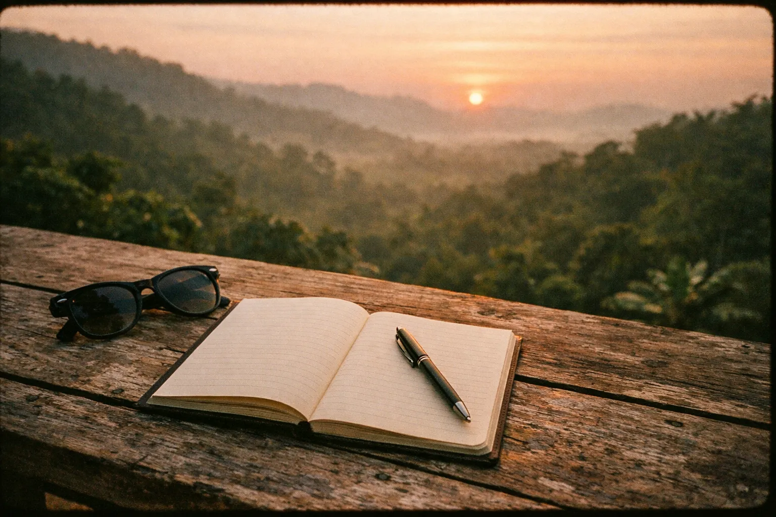 Notebook and sunglasses on a wooden table overlooking a rainforest valley at sunset