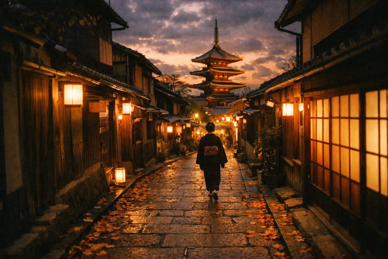 Kyoto Gion district at golden hour with a kimono-clad silhouette walking down an alley