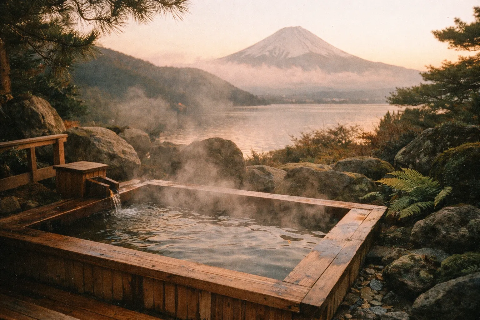 Hakone outdoor onsen with Mount Fuji in the distance
