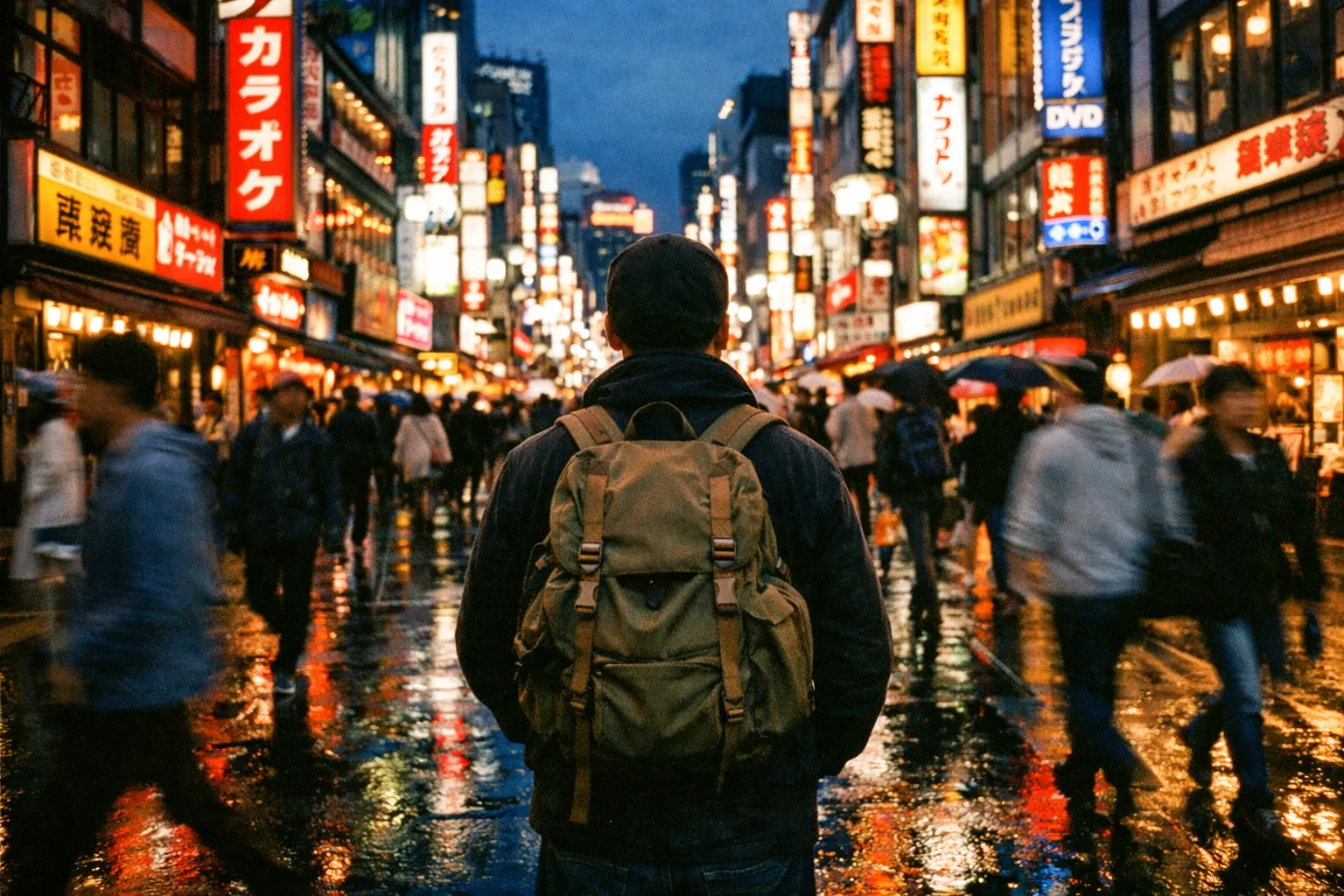 Tokyo street at blue hour with neon signs seen from behind a traveler