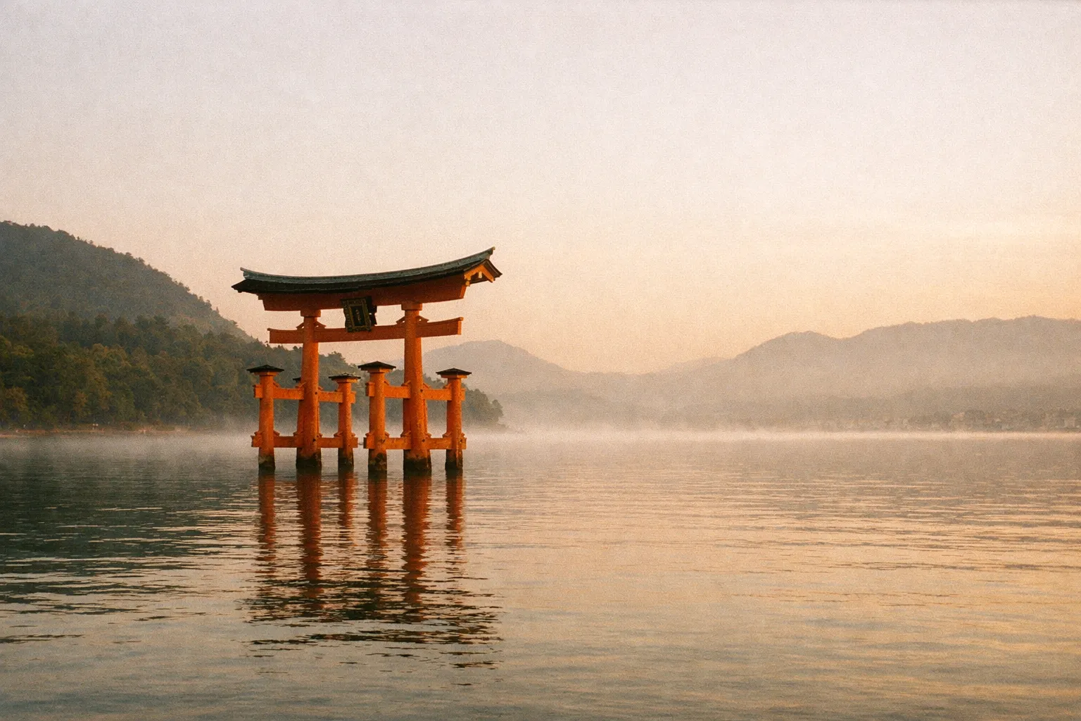Itsukushima Torii Gate in calm water with sunset glow