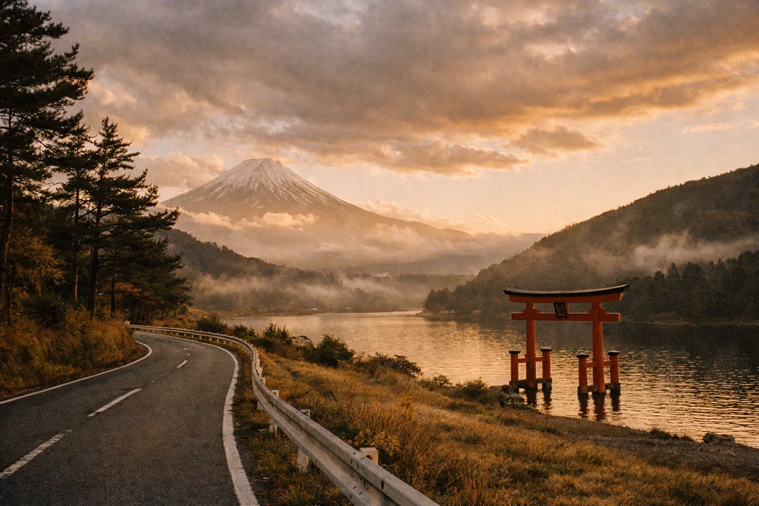 Mount Fuji rises in the background behind a lakeside torii gate and a winding road at sunrise.