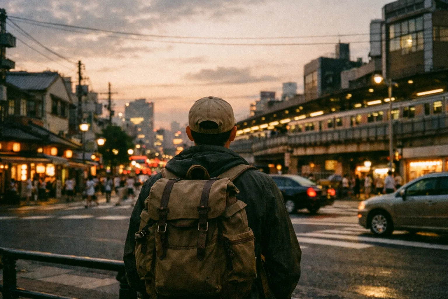 Back of a traveler with a backpack on a Tokyo street at golden hour near a station entrance.