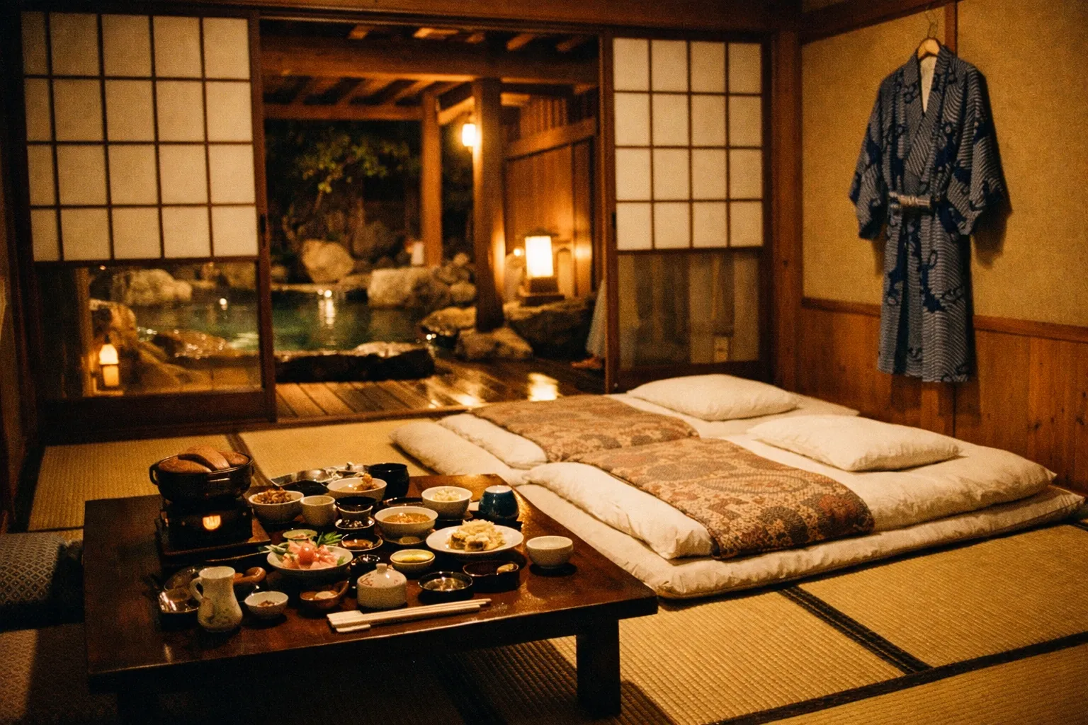 Tatami room with a low table set for a multi-course meal, futons ready and a yukata on a hanger, an onsen beyond.