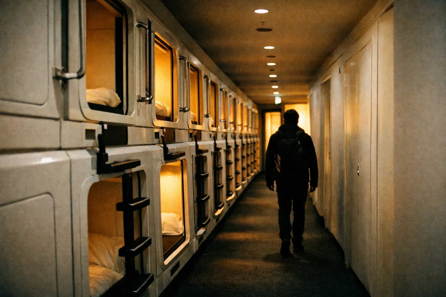 Interior corridor of a modern capsule hotel at night, lined with pods and a traveler silhouette.
