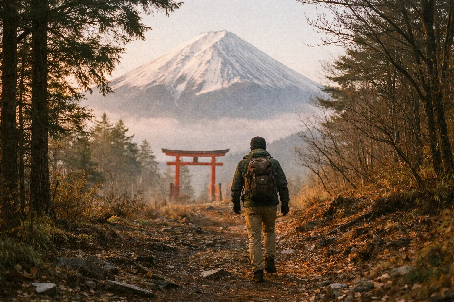 Hiker with backpack on a forest trail at dawn, torii gate and distant Mount Fuji visible in the background.
