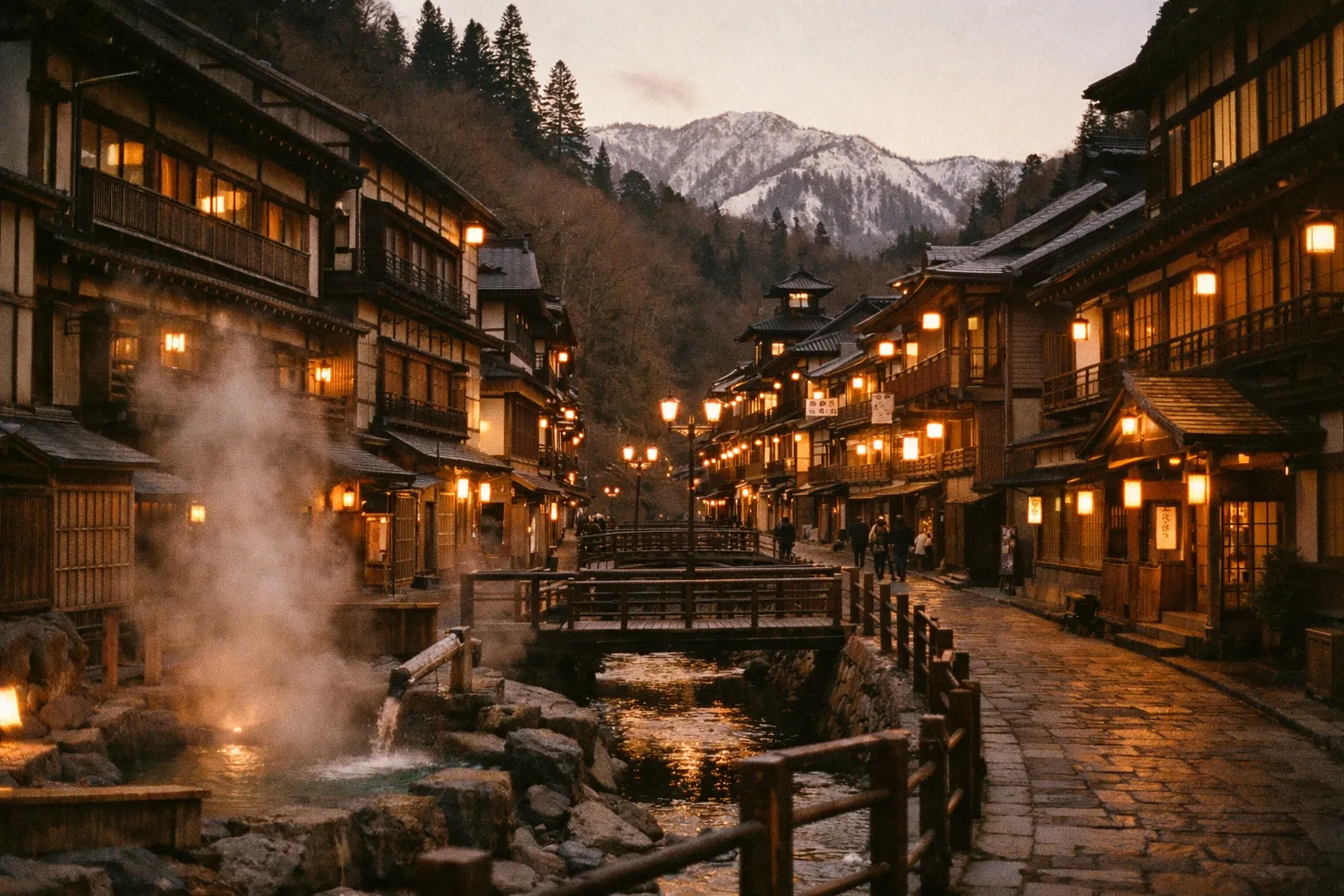 Wooden onsen town street at dusk with steam rising from outdoor baths and lanterns glowing.