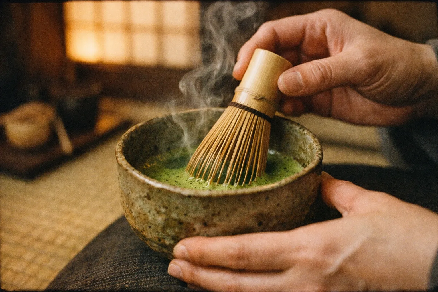 Close-up of hands preparing matcha tea in a traditional ceremony, bamboo whisk resting in a bowl with steam curling upward.
