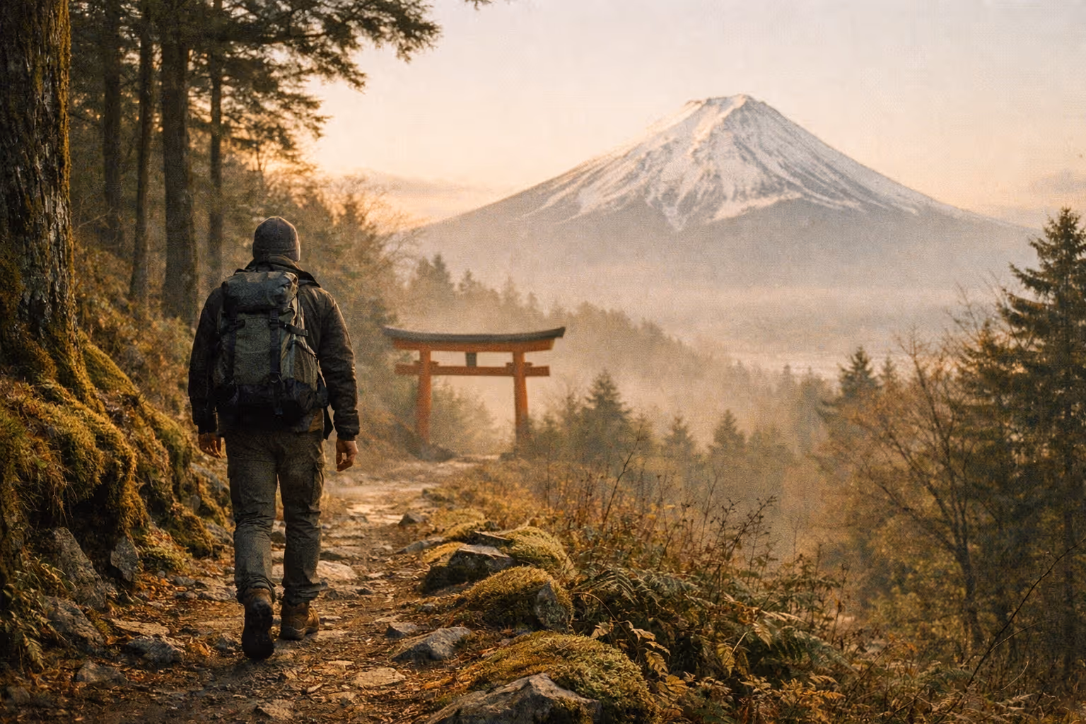 Editorial wide-shot of a solitary hiker on a mossy forest trail at golden hour, distant misty mountains and a torii gate frame the scene, evoking adventure and Zen.