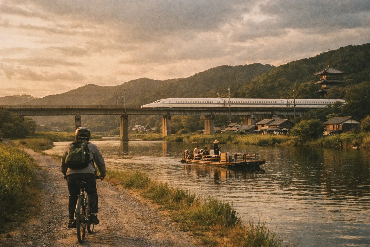 Back-view cyclist on a gravel road with a distant Shinkansen and a small river ferry in a Japanese landscape at golden hour