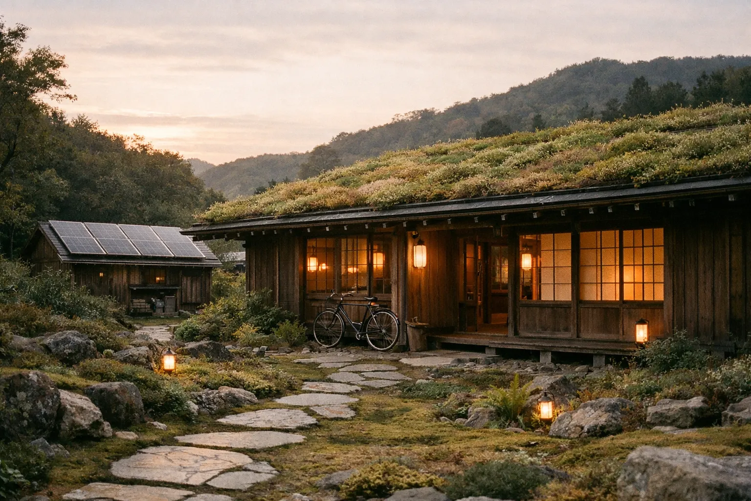 Exterior of a Japanese eco-lodge at golden hour with a living roof, a moss garden path, solar panels on a shed, and a bicycle by the entrance