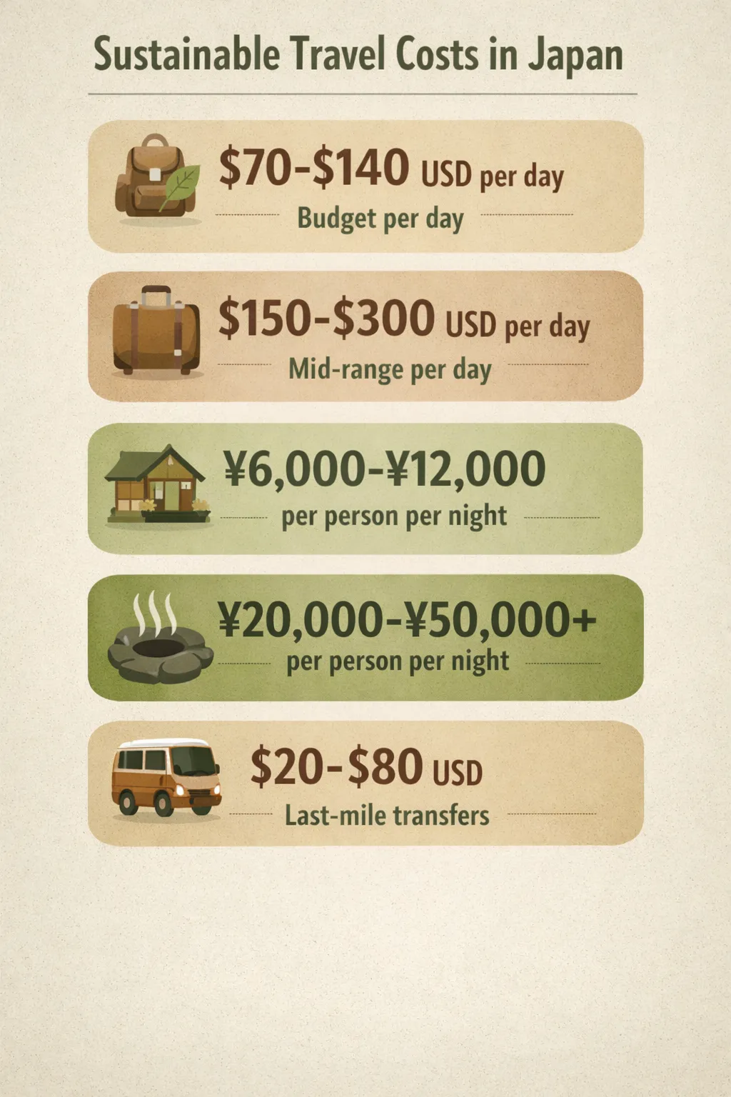 Key data: cost ranges for sustainable lodging, daily travel budgets, and last-mile transfers in Japan.