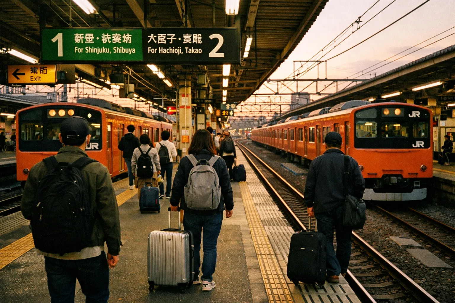 Backs of travelers waiting on a JR platform as an orange JR train arrives, golden hour light