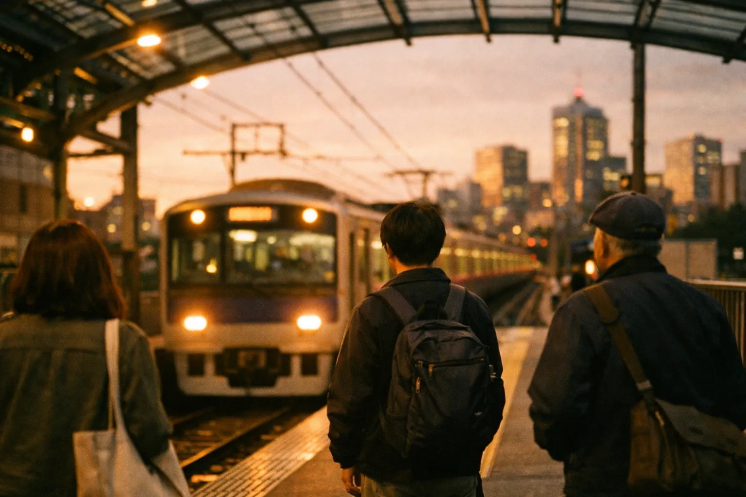 City train platform at dusk with a local train arriving, commuters seen from behind, urban skyline in soft focus