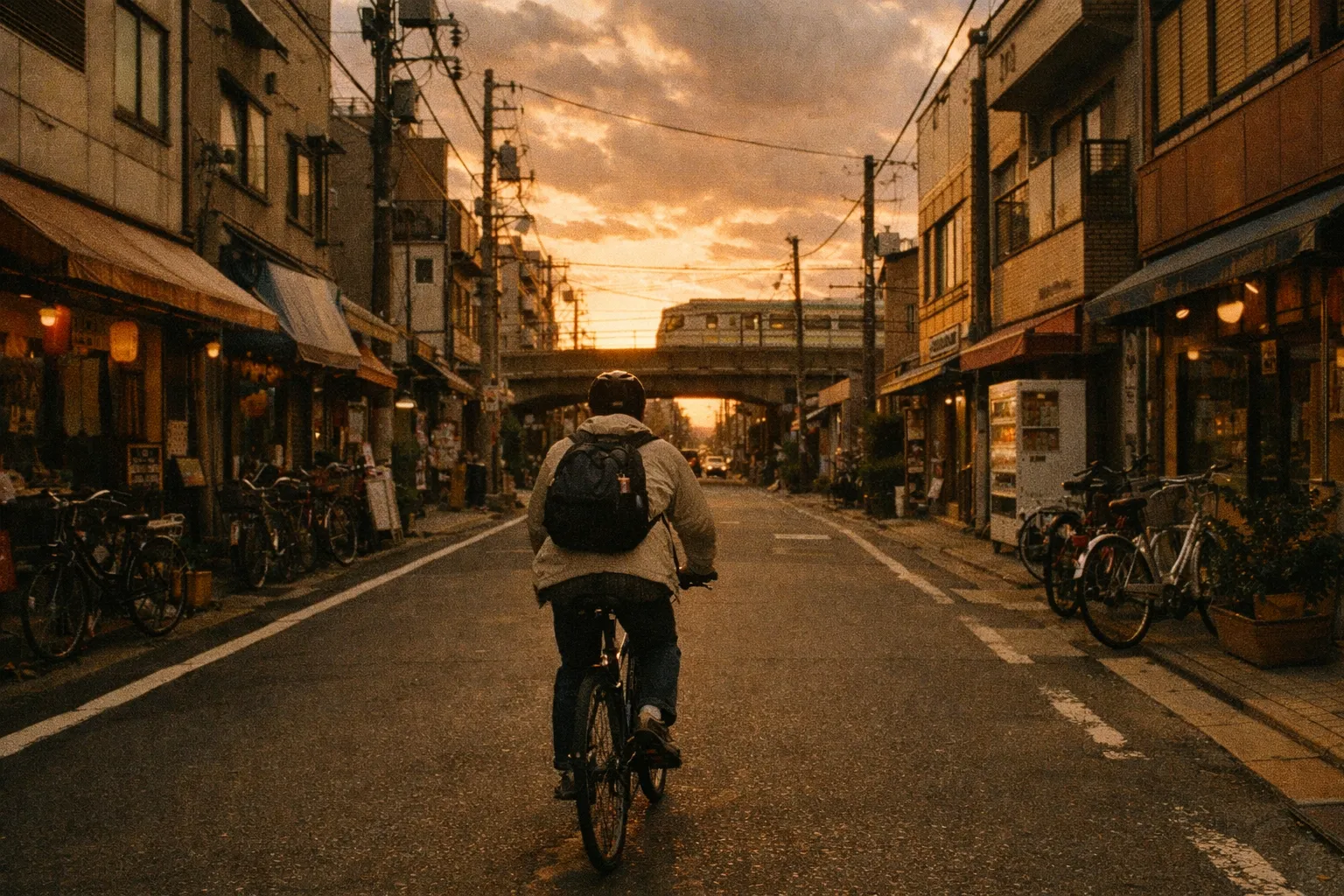 Cyclist riding along a quiet Japanese city street at golden hour, seen from behind, bicycles and storefronts in soft focus