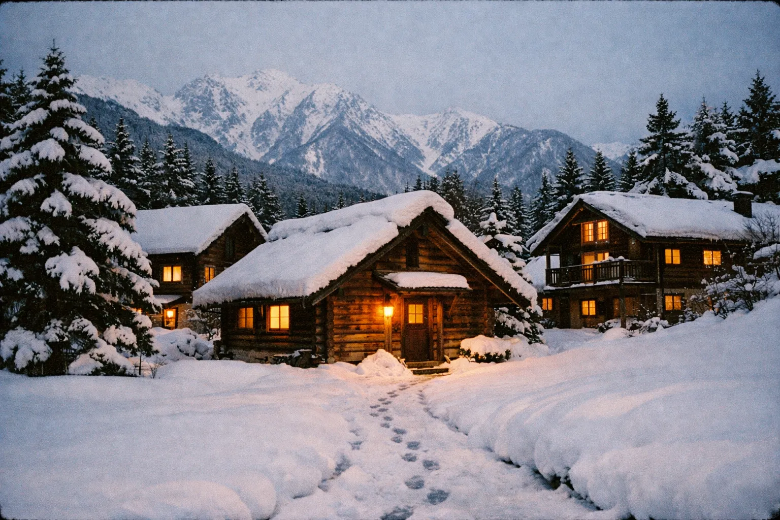 Snow-dusted alpine chalets in a Japanese Alps village with pine trees and warm-lit windows
