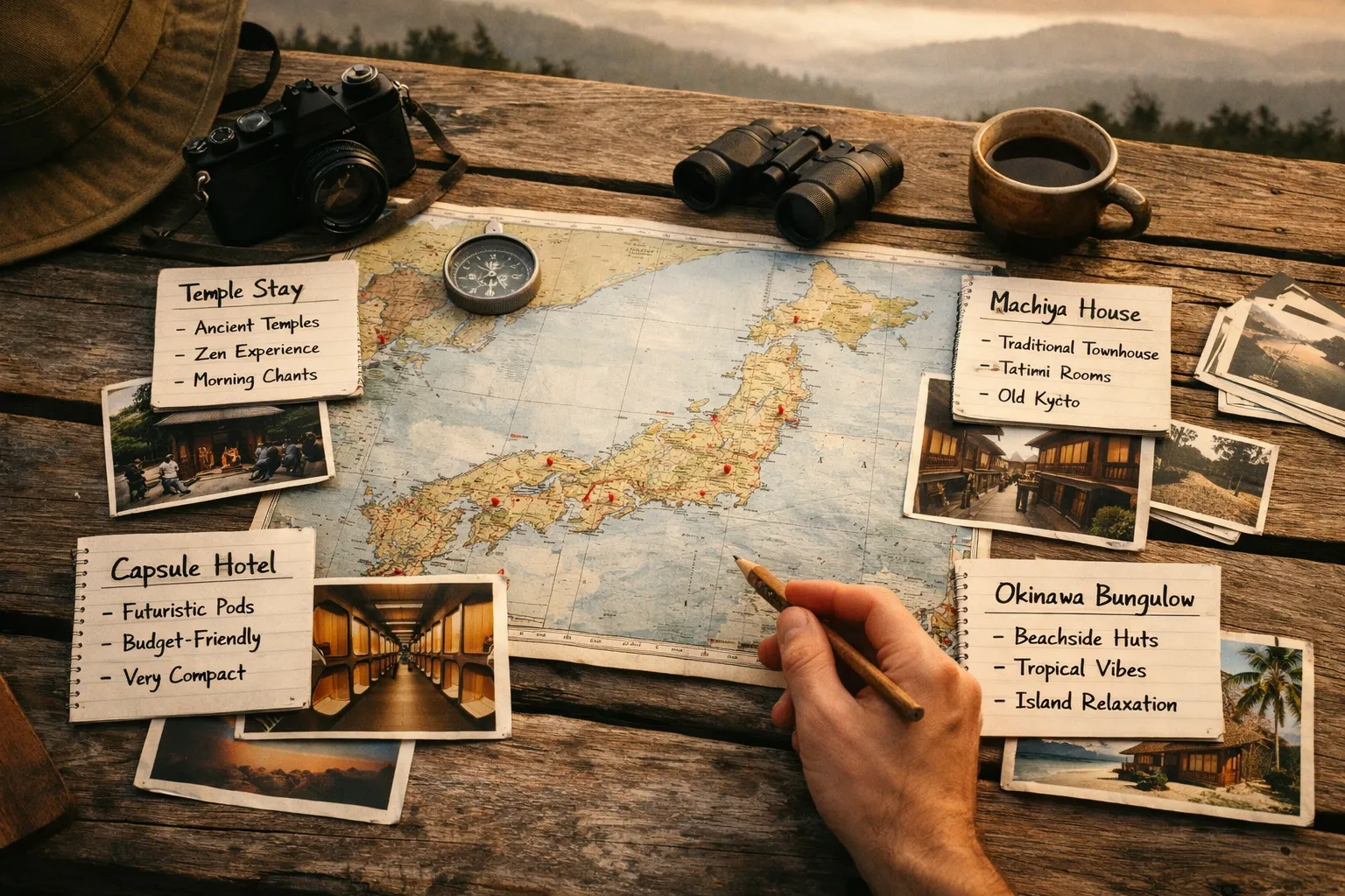 A person plans a trip across Japan using a map, travel notes, photos, and sightseeing items on a wooden table.
