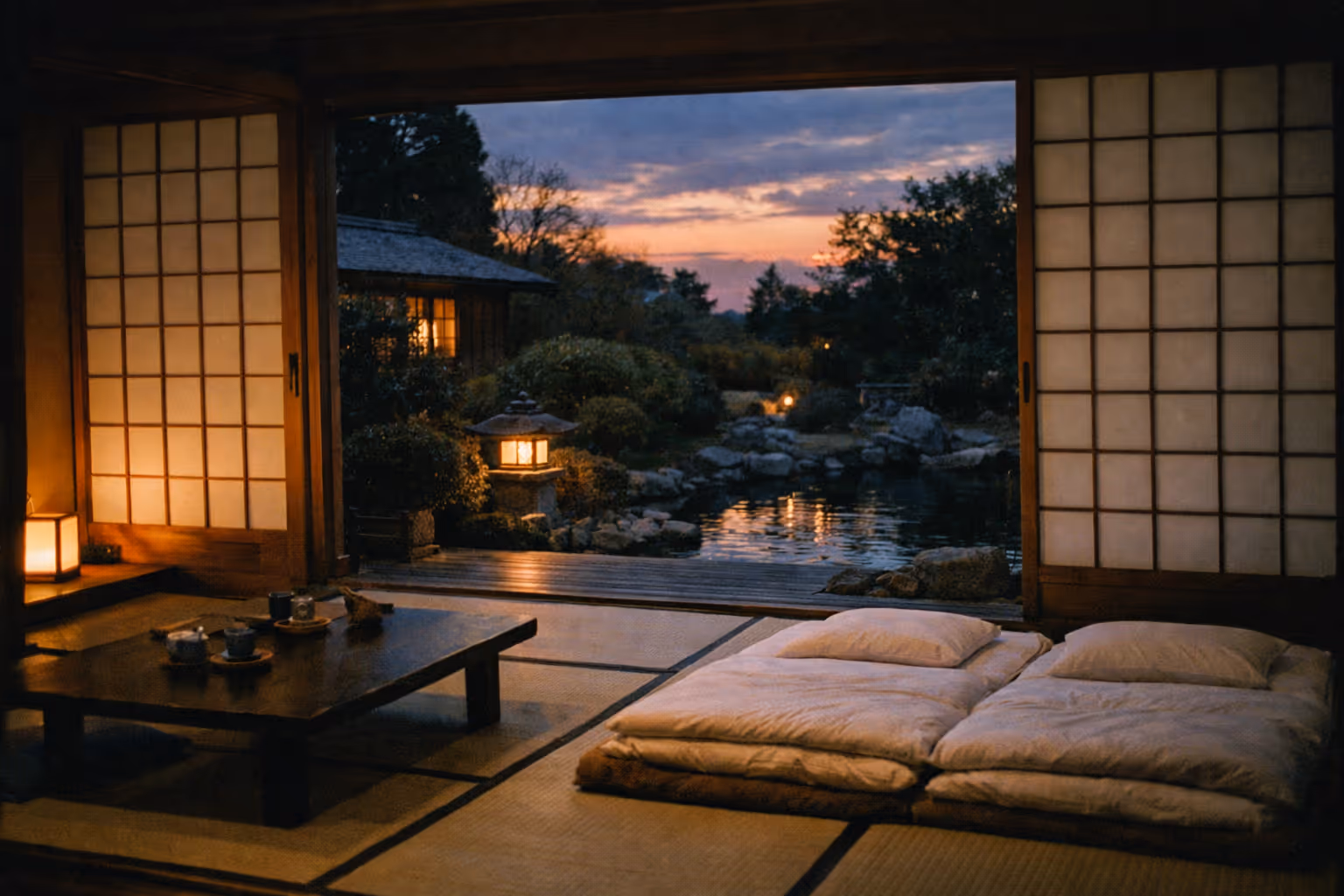 Traditional Japanese tatami room with futons overlooks a garden and koi pond at sunset.
