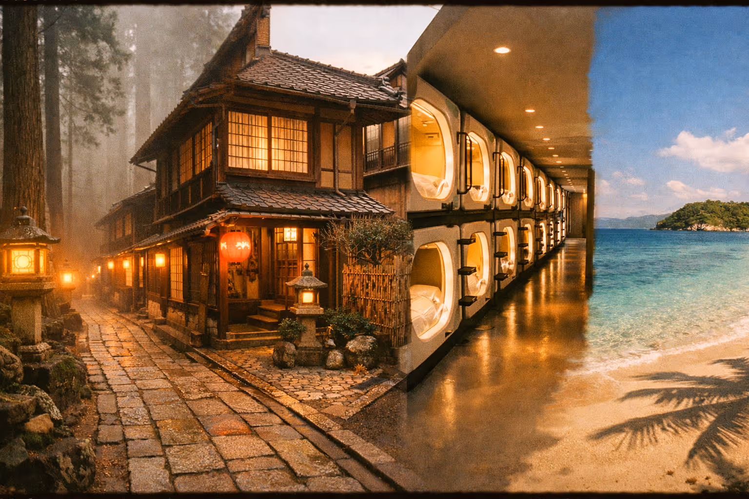 Montage of Japan's unique stays: a Koyasan temple lodging, a Kyoto machiya, a capsule hotel corridor and an Okinawa bungalow.