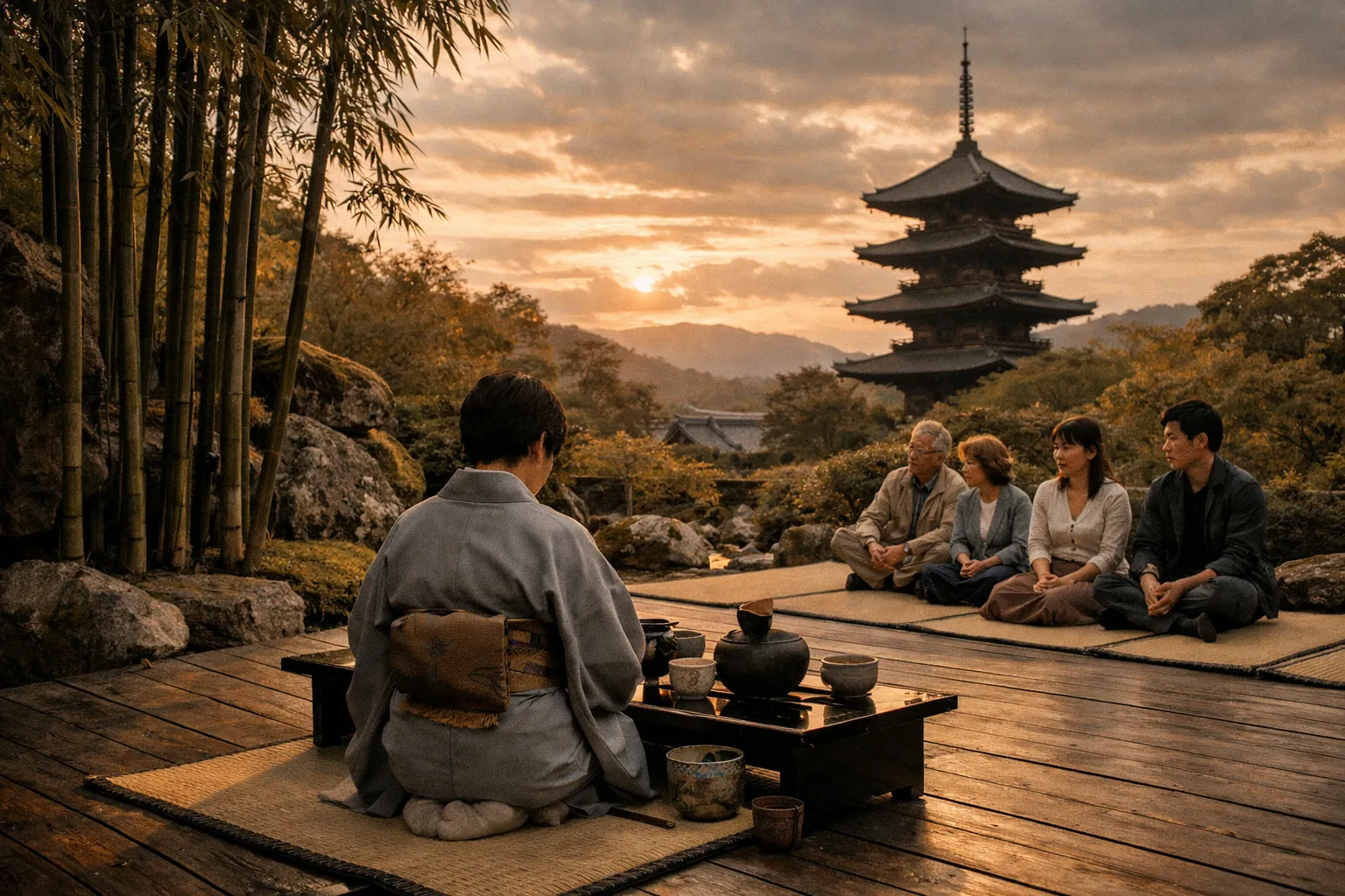 Wide shot of a Kyoto temple garden with an outdoor tea ceremony setup and visitors observing from a distance