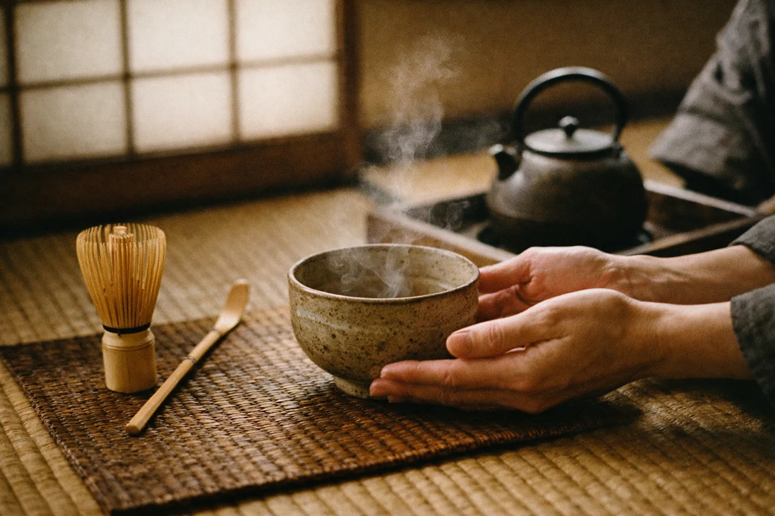 Close-up of traditional tea ceremony utensils on tatami with a guest's hands receiving a tea bowl in silhouette