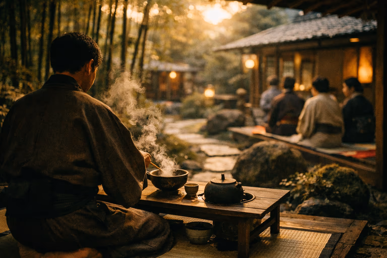 Hero shot of Kyoto teahouse courtyard at golden hour with a tea ceremony in progress, silhouette of the host from behind
