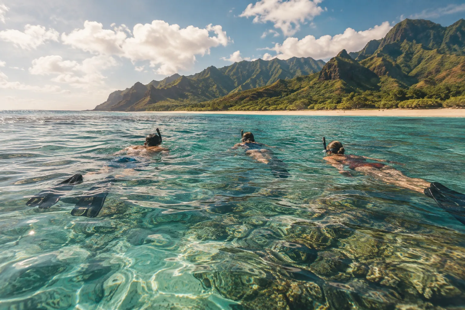 Snorkelers swim in clear water off Kauai's green mountain-backed coast.