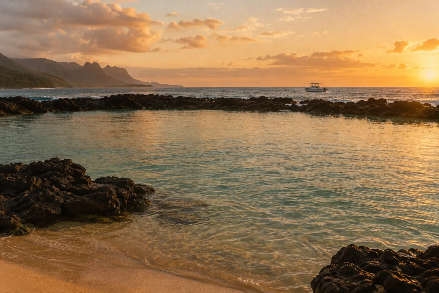 A rocky shoreline surrounds a calm lagoon at sunset, with a boat offshore.