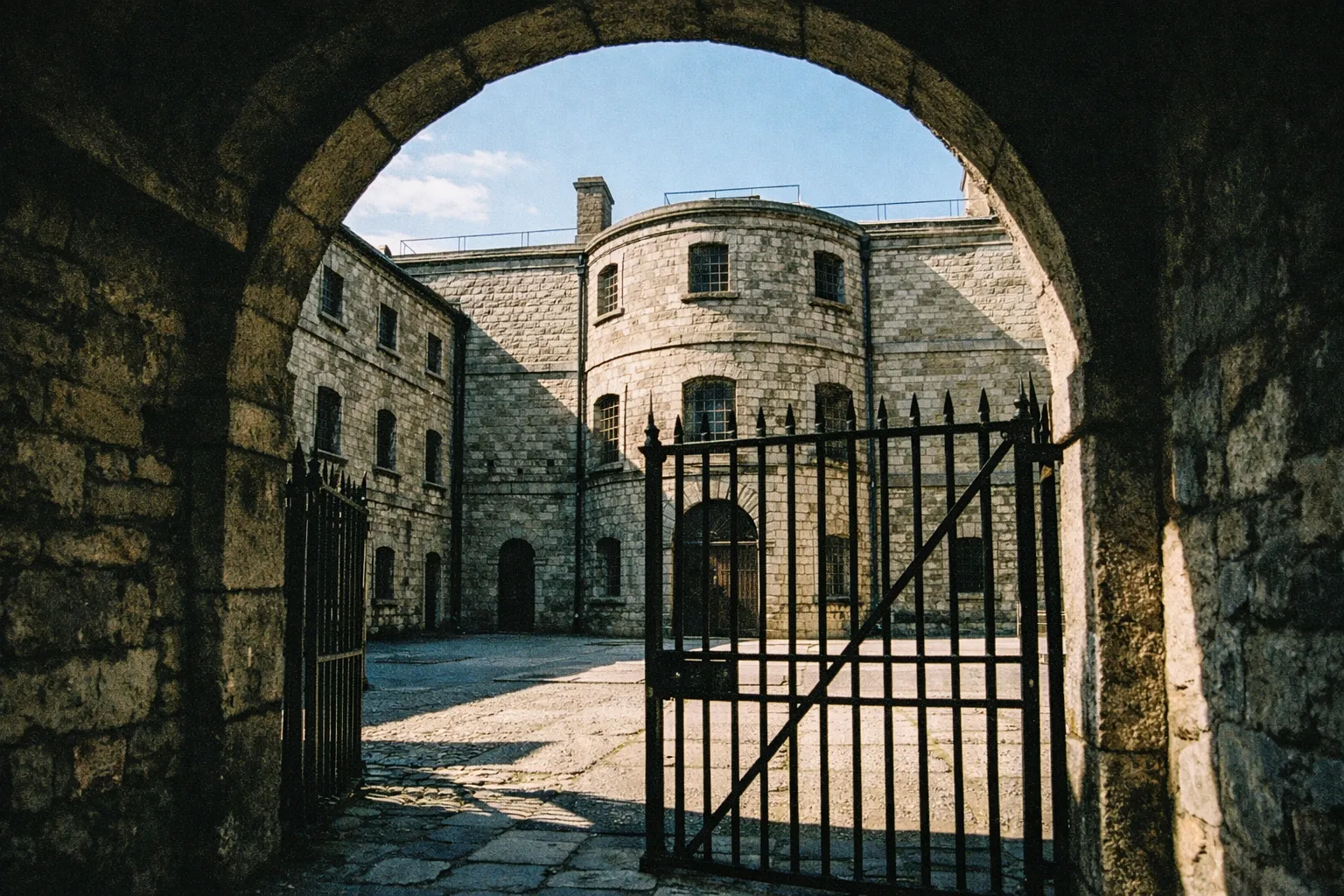 The stone facade and iron gates of Kilmainham Gaol seen from an arched entranceway.
