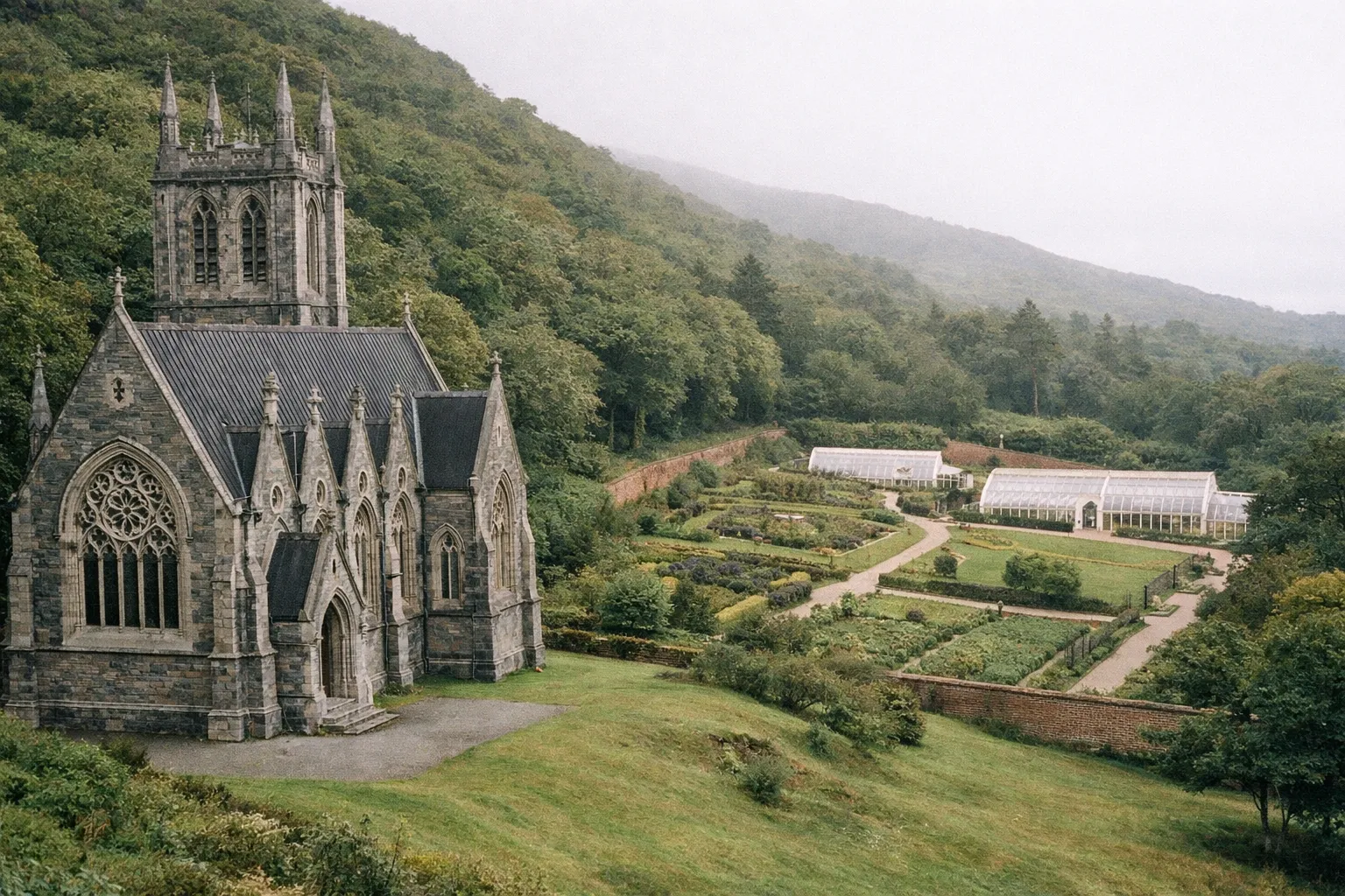 Kylemore Abbey's neo-Gothic church stands beside formal gardens and greenhouses in a wooded hillside setting.