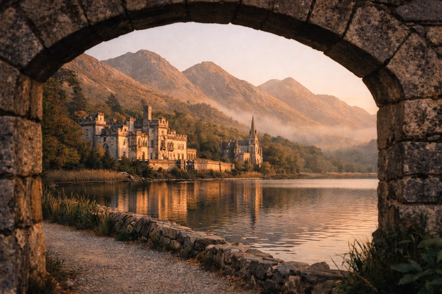 Kylemore Abbey stands by a lake with mountains in the background, viewed through a stone archway.
