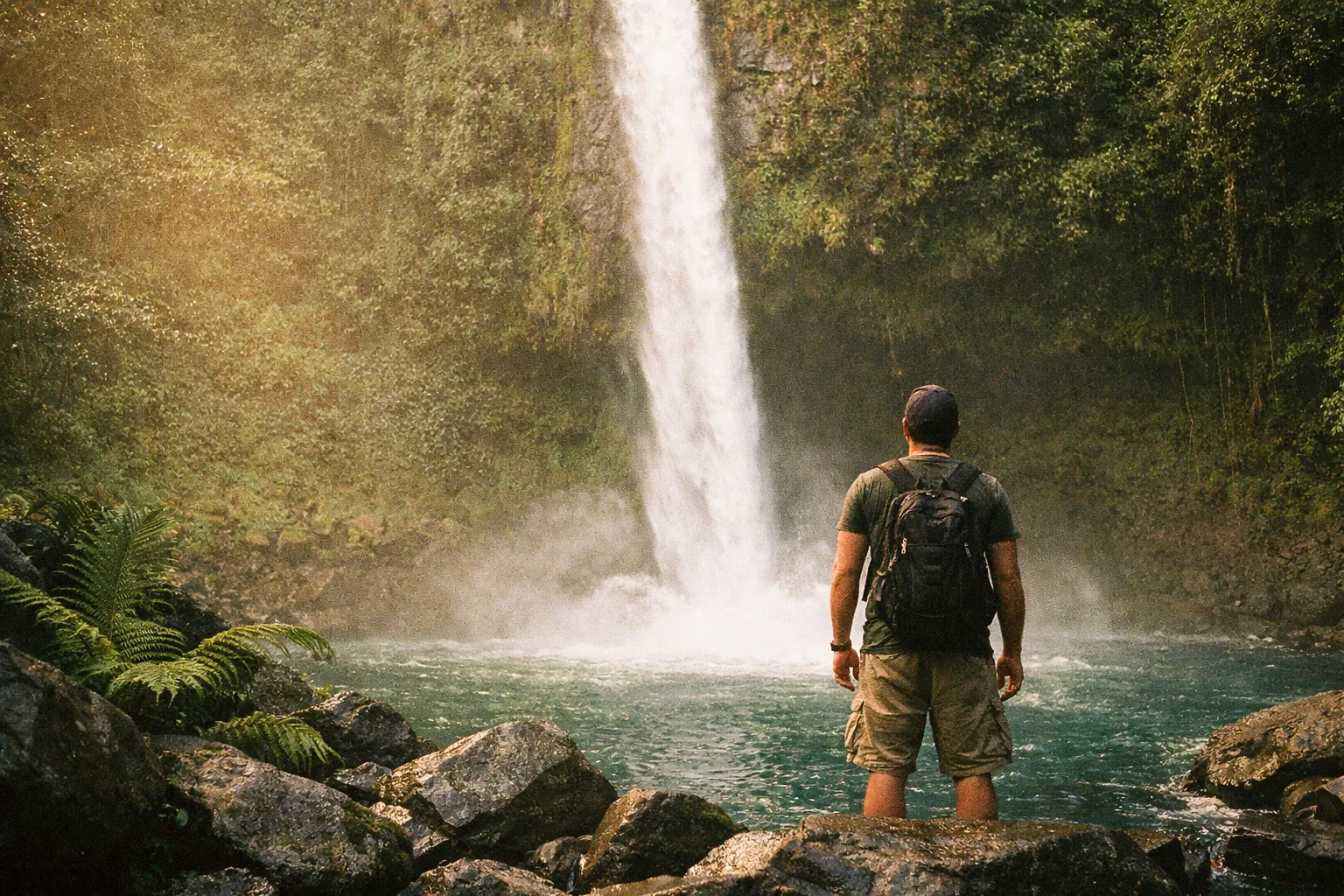 Waterfall cascading into a turquoise pool with moss-covered rocks and a hiker seen from behind on a rock ledge