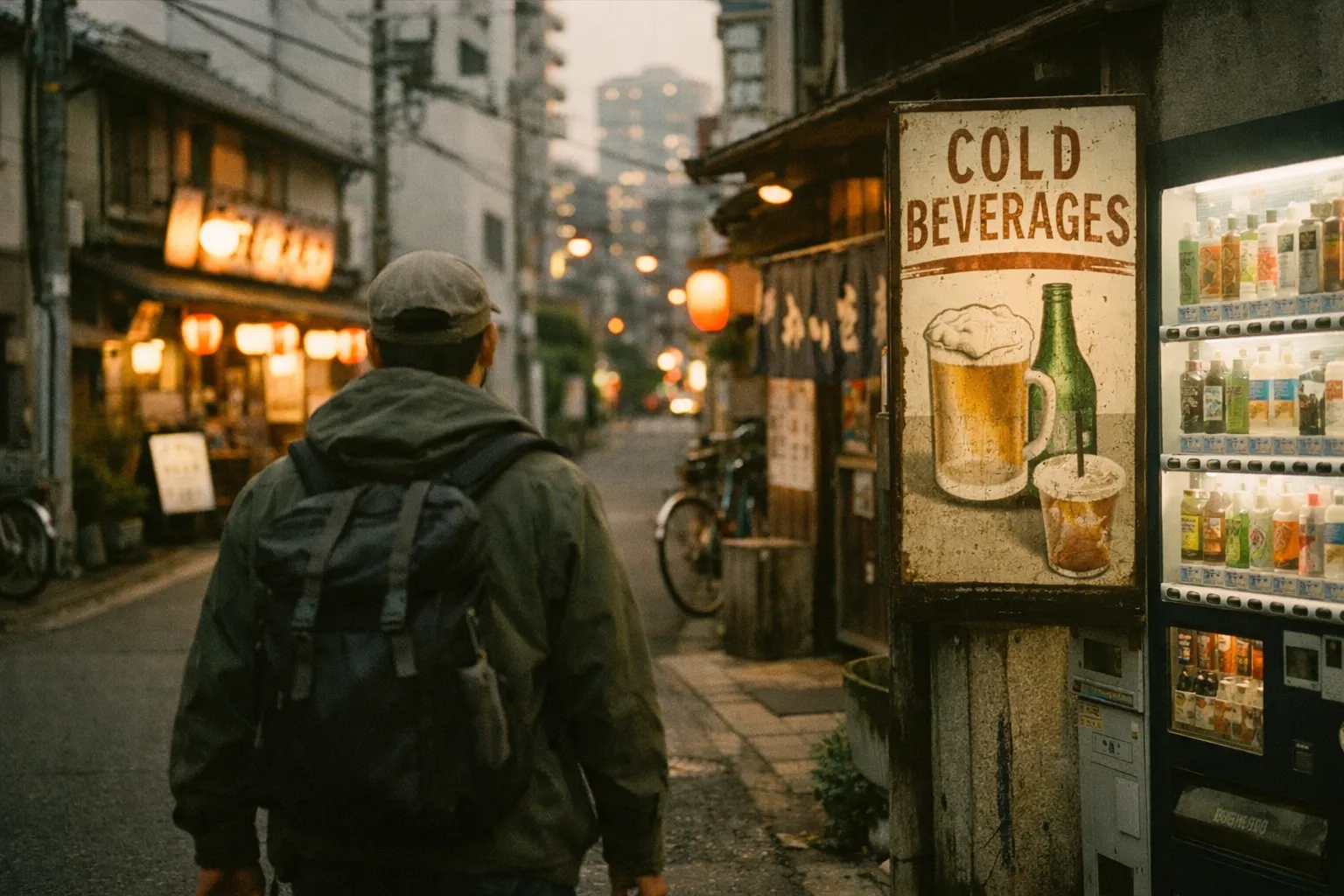Back view of a traveler on a golden-hour Tokyo street near a beverage vending machine and distant izakaya glow.
