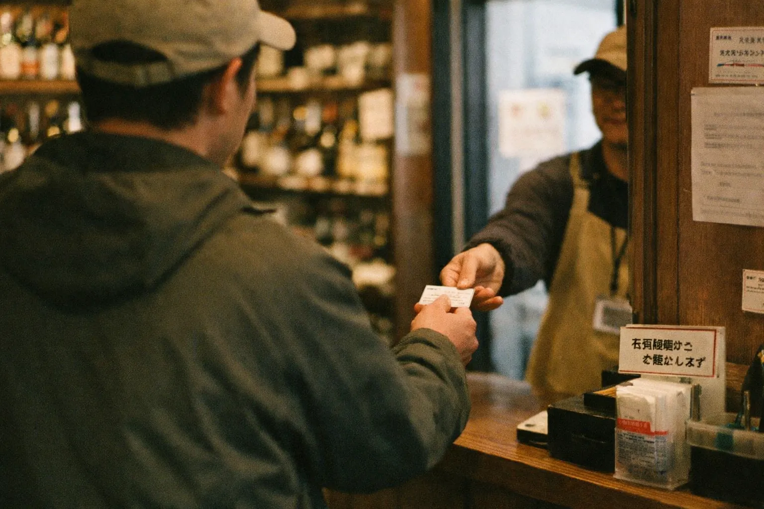 Interior of a Japanese liquor shop seen from behind, hands exchanging a card near the doorway, warm lighting.