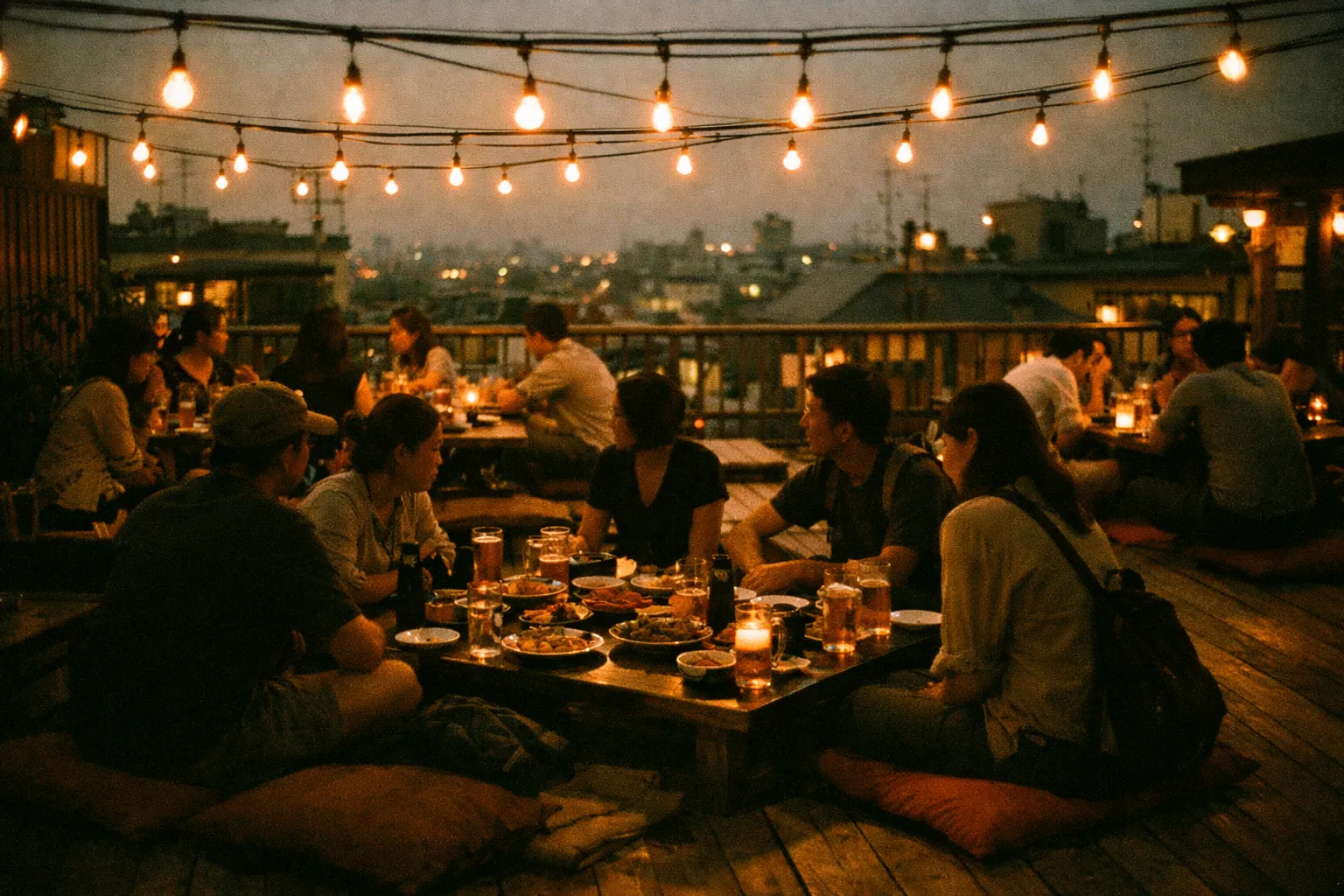 Silhouetted travelers around a rooftop izakaya table with shared plates under string lights at dusk.