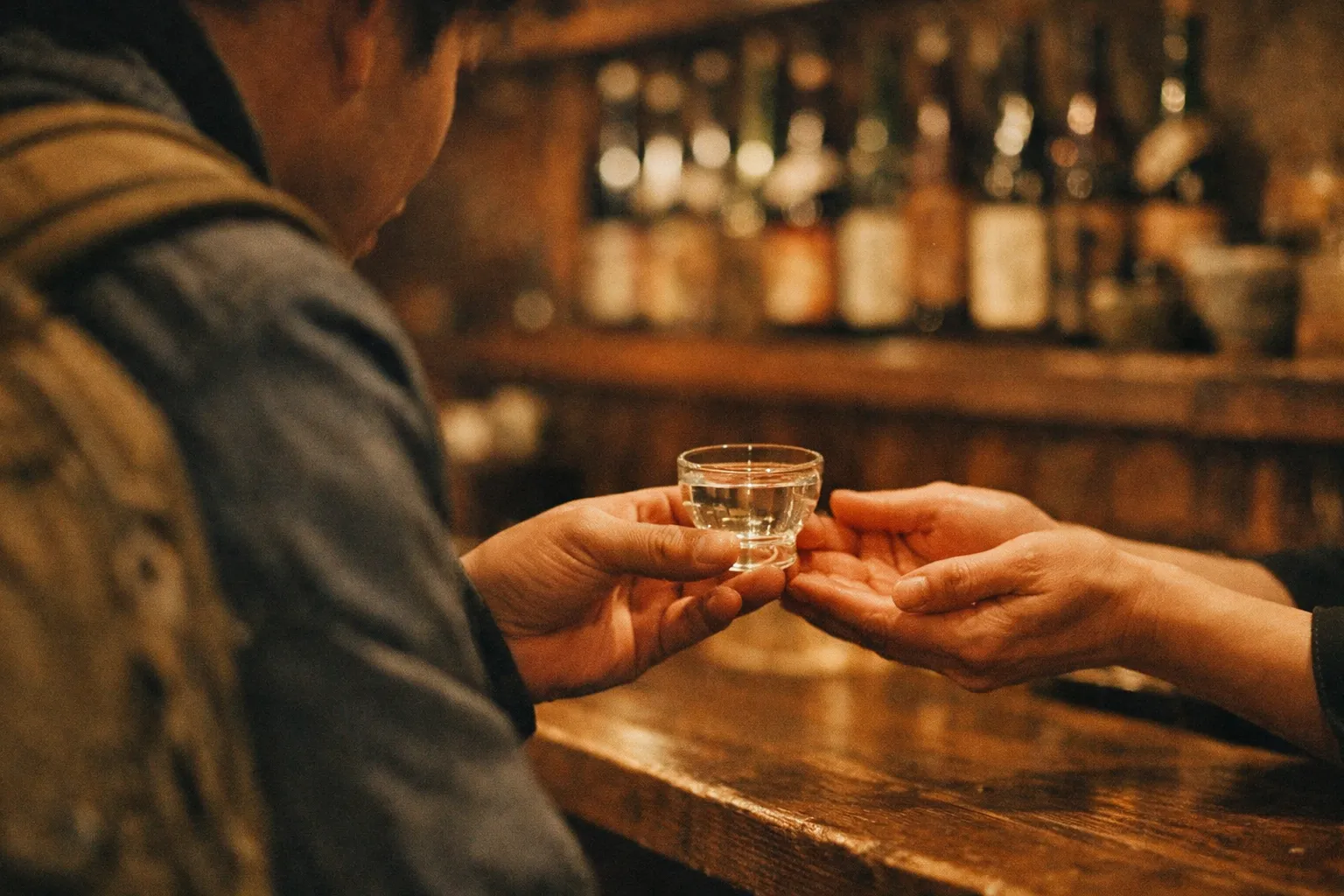 Close-up of hands toasting with a sake glass against a wooden bar with blurred bottles in the background.