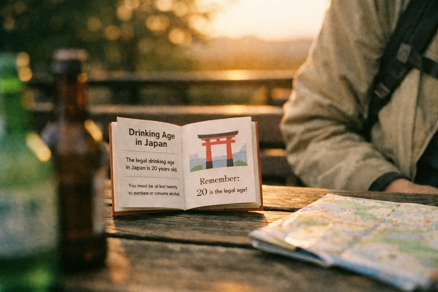Traveler's hands flipping through a compact travel guide about Japan's drinking age on a park bench at golden hour.
