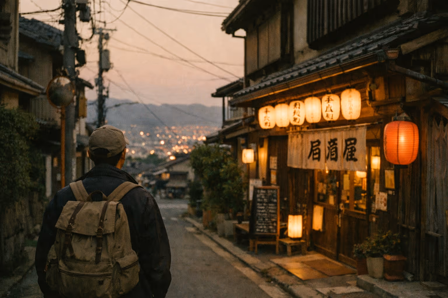 Traveler silhouette on a golden-hour street in Japan, toward a warmly lit izakaya glow and distant city lights.