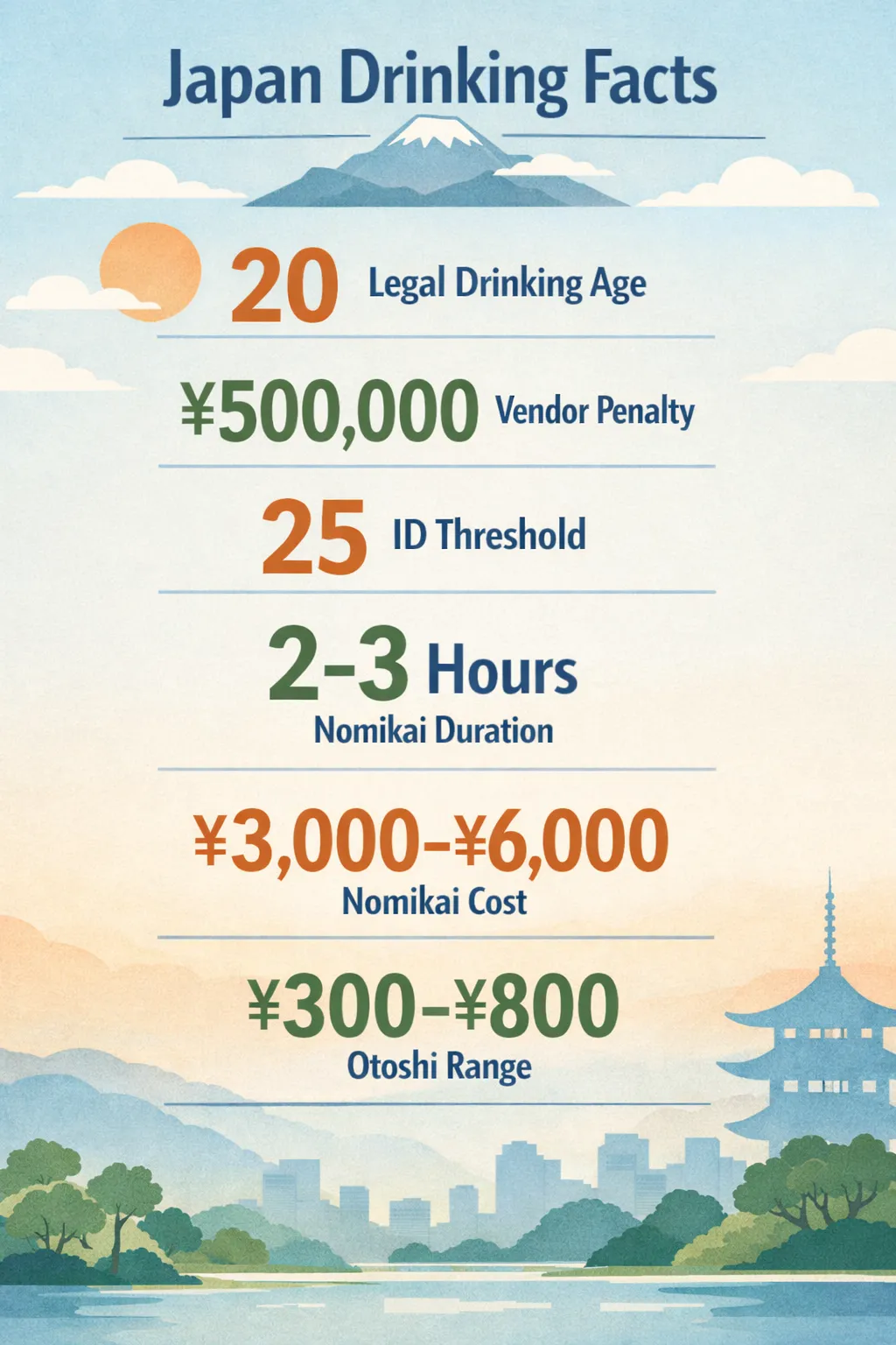 Infographic summarizing Japan's drinking age data: legal drinking age 20, vendor penalties ¥500,000, ID checks threshold 25