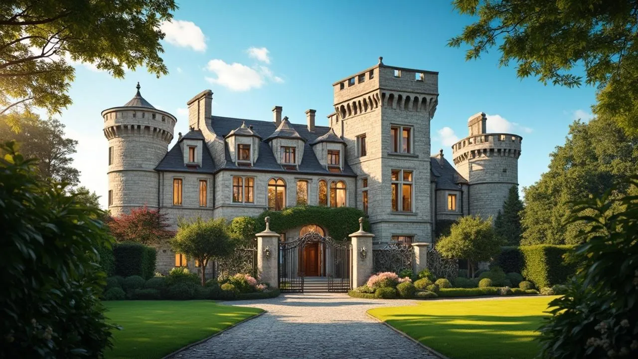 A grand stone castle with round towers stands amid manicured gardens under a clear blue sky.