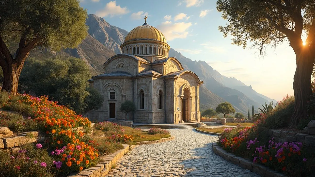 A domed stone church sits among gardens and trees with mountains in the background.