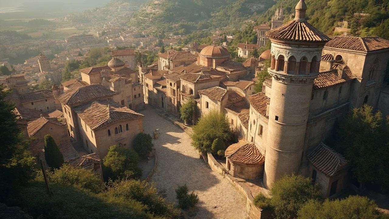 A medieval town with winding stone streets and historic buildings nestled among green hills.