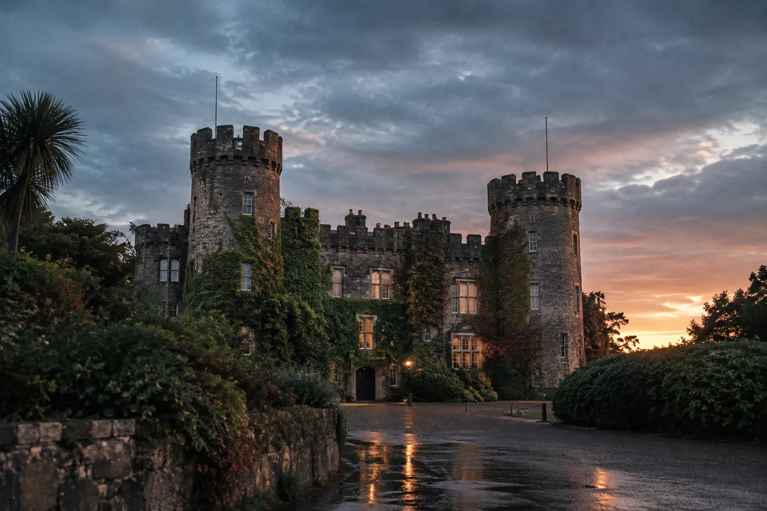 Malahide Castle stands behind garden hedges beneath a cloudy sunset sky.